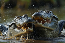Two Crocodiles Tearing And Biting In The Water