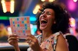 lady with winning bingo card overjoyed in bingo hall