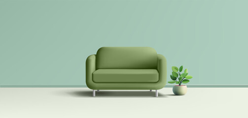 Modern realistic green sofa and potted plant. 3D. For relaxation concepts at home, office, or beauty salon. Development and interior design. Vector