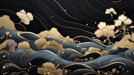 Japanese-inspired black and gold floral waves background – elegant oriental illustration with blossoms, nature, and tranquility for creative design projects