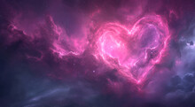 Heart Shaped Nebula On The Night Sky, In The Style Of Ethereal Cloudscapes, Photorealistic Pastiche, Light Pink And Dark Magenta