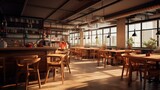 Fototapeta Londyn - Cozy wooden interior of restaurant, copy space. Comfortable modern dining place, contemporary design background.