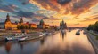  Dresden, Germany. Panoramic over old city historical downtown, Elbe river and party boats with young people celebrating hot summer day at sunset
