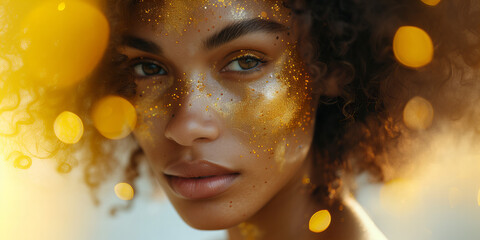 Poster - A beautiful black woman portrait with gold hydrating serum molecules structure on the face, light background. Skincare and beauty concept.