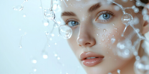 Wall Mural - a beautiful woman with blue eyes portrait blue tones hydrating serum molecules structure and flying 