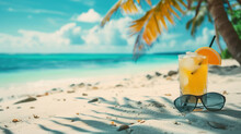 Fresh Cold Cocktail And Sunglasses On Tropical Beach With Palms And Bright Sand. Summer Sea Vacation And Travel Concept With Copy Space.