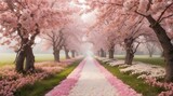 Fototapeta Przestrzenne - cherry blossom orchard, trees, pathway, photography backdrop, wedding backdrop, photoshop overlay,