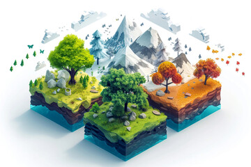 Wall Mural - isometric view of different seasons on an island