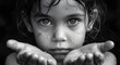 Close shot. Portrait of a begging girl. Black and white photo. Child abuse
