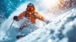 © S-Rika - Snowy Ski Jump Skier Leaping in the Snowy Mountains on a Slope on a Sunny Day