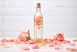 bottle of rose water with fresh rose petals