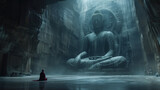 Fototapeta  - Buddhist monks engaging near serene Buddha statue in the cave. Harmony and Serenity Concept. Generative AI.