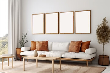 Empty white poster frames hang on a white wall above a beige sofa in a living room. Made with generative AI technology