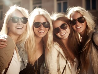 Wall Mural - Portrait of four happy blonde girls showing white smile, laughing and looking carefree at camera, standing in the sunlight. blonde day