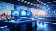 Vibrant modern office space illuminated by blue technology lights - futuristic workspace interior design