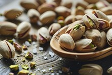 A Bowl Of Pistachios On A Wooden Surface