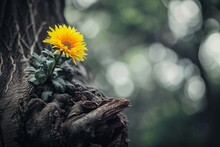 A Yellow Flower Growing Out Of A Tree Stump