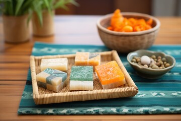 handmade soap bars on a bamboo mat