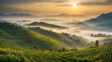 Wall Mural - beautiful panoramic landscape of a terrace fields with foreground is small colorful spring flowers a