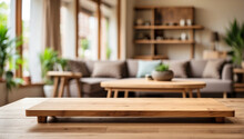 Empty Wooden Table For Product Display With Blurry Living Room Background