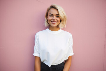 Wall Mural - young happy woman, smiling gen z girl model wearing tshirt looking at camera standing on color backg