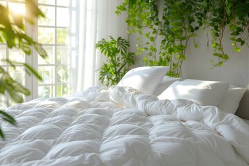 Serene bedroom ambiance: white bedding and duvet contrast beautifully with home greenery, Scandinavian-inspired.