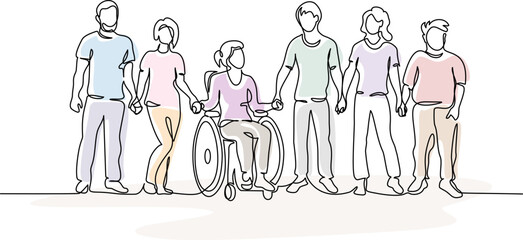 Wall Mural - Best Friends together with disabled one. Group of people hold hands.