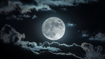 full moon white glowing with craters in black sky with clouds at night