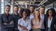 Portrait of successful group of business people at modern office looking at camera. Portrait of happy businessmen and satisfied businesswomen standing as a team. Multiethnic group of people smiling.