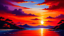 Painting Art Red Sunset Greeting Cards Backgrounds. For Wall Art Decor And Background Wallpaper, Greeting Cards, Stationery, Wedding Invitations, And Decorations. Generative Ai