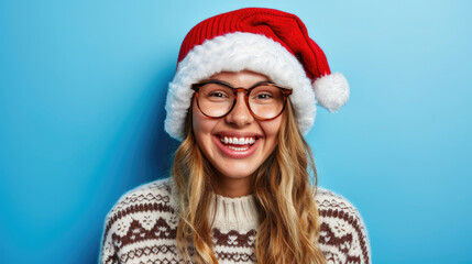 Wall Mural - Woman is pictured wearing Santa hat and glasses. This image can be used for various holiday-related designs and promotions