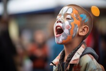 Child With Face Paint Imitating A Rock Star In Concert