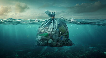 Wall Mural - Ocean, sea and garbage floating underwater in dirty water for awareness background and poster design. Blue, wildlife and nature scene with plastic for impact of pollution, environment and waste