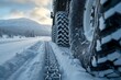 A gripping display of car tires with snow chains plowing through deep snow, showing off their traction and control in a challenging snowy terrain captured by a professional