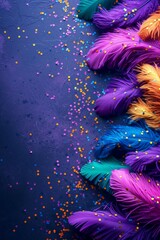 Mardi Gras Masquerade Banner with with glitter, feather, and copy space. Carnival wallpaper in purple, green, and yellow colors. Vertical background. AI Generative