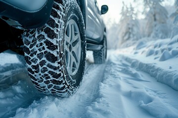 Sticker - A gripping display of car tires with snow chains plowing through deep snow, showing off their traction and control in a challenging snowy terrain captured by a professional