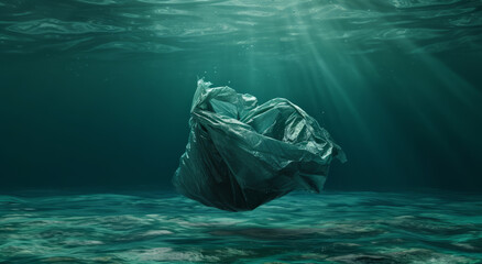 Wall Mural - Ocean, sea and garbage floating underwater in dirty water for awareness background and poster design. Blue, wildlife and nature scene with plastic for impact of pollution, environment and waste