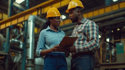 Wall Mural - Two professional engineer, worker, technician use clipboard discuss work, walk in steel metal manufacture factory plant industry. Black African American man and woman wear hard hat check