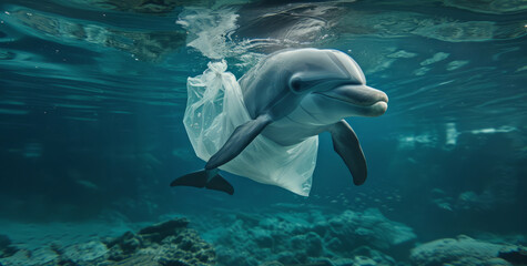 Ocean, sea and dolphin swimming underwater in clear water for tourism, holiday, adventure and travel. Blue, wildlife and nature scene with plastic for impact of pollution, environment and waste