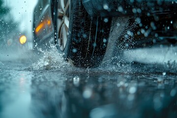 an action-packed shot of car tires handling a rainy obstacle course, highlighting their control and 