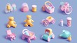 Baby cartoon 3d vector icon set. Child, clothes, bear, toys, medicine, stroller, baby food, cradle