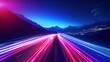 Car speed lights. Glowing trail, highway road line, fast and long night exposure, red lane blurred effect. Mountains and night sky. Vector abstract background with dynamic flashlight