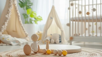 Wall Mural - Bright wooden toys on table in cozy baby room interior 