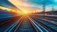 Railroad In Motion At Sunset. Railway Station With Motion Blur Effect Against Colorful Blue Sky, Industrial Concept Background. Railroad Travel, Railway Tourism. Blurred Railway. Transportation