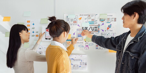 team of UI UX web designer are working together to develop mobile responsive websites with UI UX front end designer previews