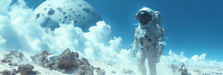 Astronaut walking in a cosmic landscape, surrounded by cloudscape, stars, and mysterious planets.