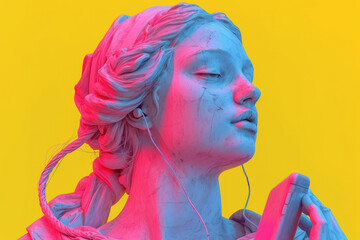 Wall Mural - A captivating sculpted bust portrait of a young woman, wearing headphones, reminiscent of classical elegance.