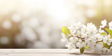 Empty Wooden Table Top And Apple Tree Blossom Spring Background ,Floral Spring Background With White Flowers Green Leaves Bokeh Light And White Empty Wooden Table Spring Health Border With Copy Space
