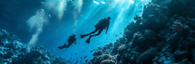 Scuba Diving, Underwater Or Diver Swimming And Exploring For Marine Adventure, Hobby Or Vacation Activity. Beautiful, Blue And Clear Calm Ocean View For Travel, Exploration Or Environmental Discovery