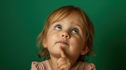 Wall Mural - Beautiful child with finger on cheek, expression of doubt, looking up